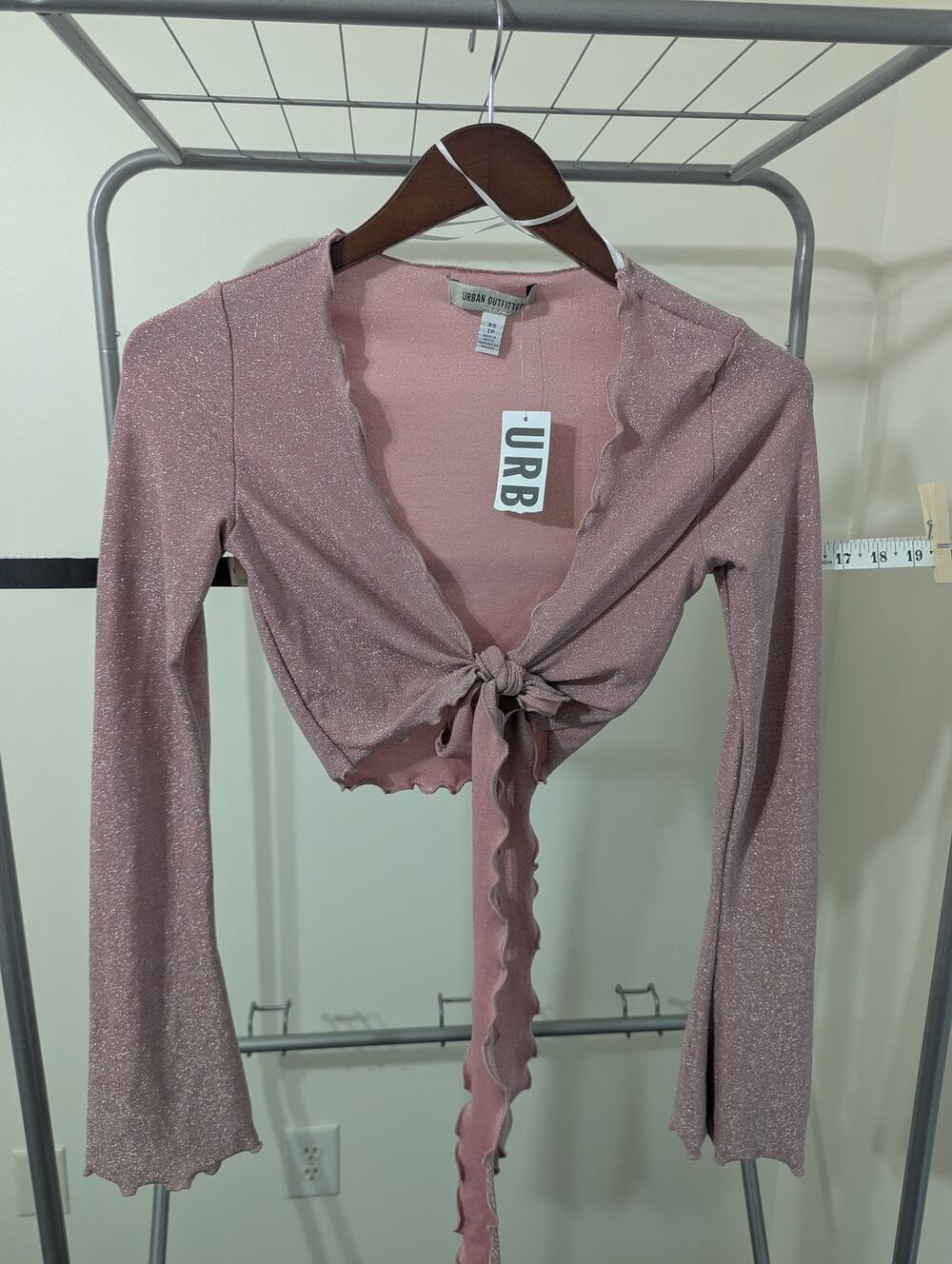 Urban Outfitters Pink Tie Front Top XS Shimmer Bell Sleeve NWT